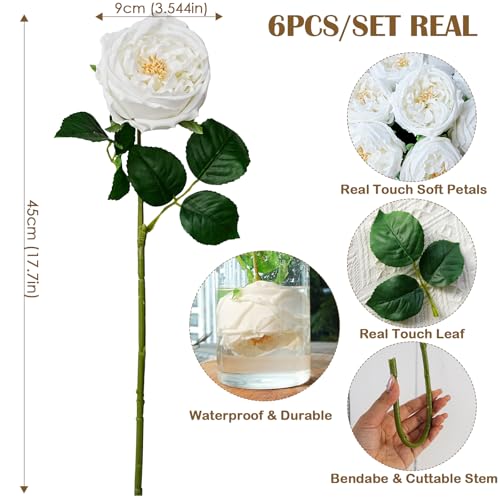 6Pcs Peonies Artificial Flowers, 17'' Real Touch Peonies Fake Flower, David Austin Roses Fake Peonies in Pot for Home Decor Wedding Balcony Bathroom Party Valentines Arrangement, White - color: White