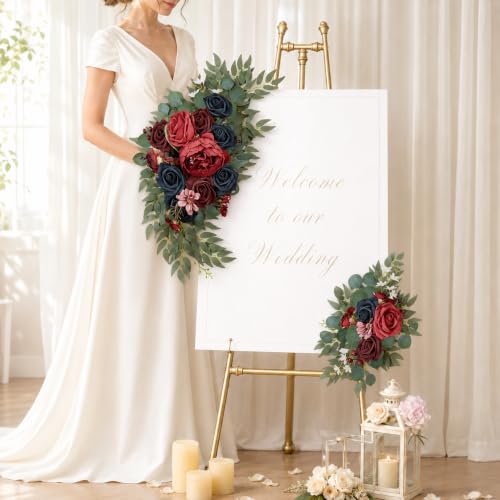 AitnWoy Artificial Wedding Arch Flowers Kit 2 PCS Dust Rose Flowers Silk Peony Floral Swag Welcome Sign for Wedding Ceremony Party Home Garland Decor - color: Holiday Red, size: 28" + 11"