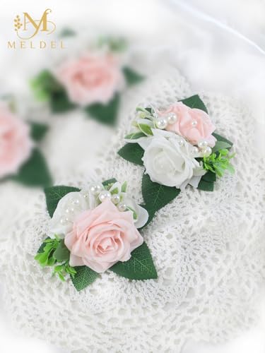 Pink&White Boutonniere for Men Wedding, Set of 6,Elegant Pearls Rose Boutonniere for Groom Groomsman Prom,Homecoming,Anniversary,Party,Prom Flowers and Vintage Wedding - color: White&pink Boutonniere 6pcs