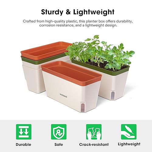 VIVOSUN Self-Watering Planters, 4-Pack 10.5 Inch Compact Rectangular Window Herb Planter Box with 10 PCS Plant Labels, Plant Container for Basil, Flowers, Succulents, Indoor & Outdoor - size: 4