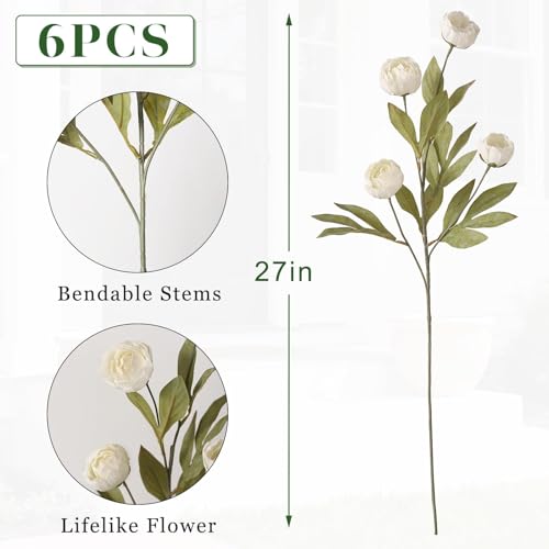6 PCS 27"Artificial Peony Branches, Realistic Silk Peonies Stems(Cream) | Easy DIY Styling, Plump and Delicate, Look Real Faux Flowers, for DIY Bouquet/Vase/Table Centerpieces/Farmhouse/Home Decor