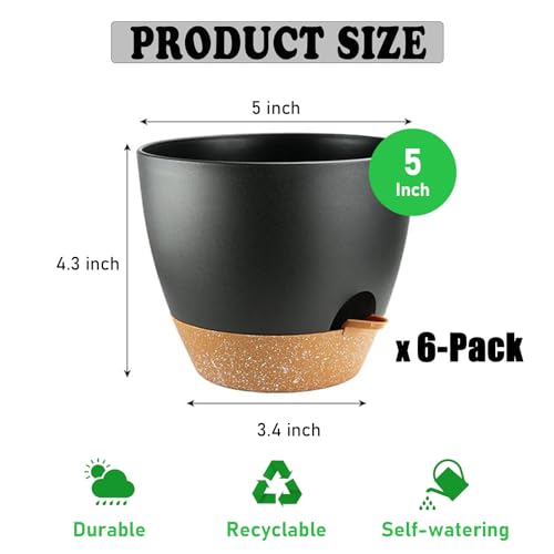 Self Watering Plant Pots with Drainage & Saucers, 6-Pack 5 in - Plastic Flower Pots for Indoor Plants, Succulents & Herbs, Planters for Indoor Outdoor & Balcony (Black) - color: 6pc-5in-black