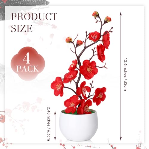 Suncalla 4 Pack Artificial Red Plum Blossom Fake Bonsai, Silk Flower Arrangement with Flower Pot, Cherry Blossoms Decor for Hibachi Party Chinese Japanese Asian Theme Party Supplies (Upright) - style: Upright