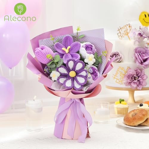 Alecono Crochet Flower Bouquet, Purple Knitted Flowers, Crochet Tulip Galsang Flower for Lover Anniversary Birthday Party Mother's Day Graduation Gifts (Include Card) - color: Purple, size: Large