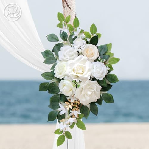 Odouzy Wedding Arch Flowers Kit,Artificial Flower Arch Decor (Set of 3),2pcs Artificial Flower Arrangement with 1pc Sheer Drape for Wedding Decor Reception Backdrop Floral Decorations (Ivory White) - color: Ivory White