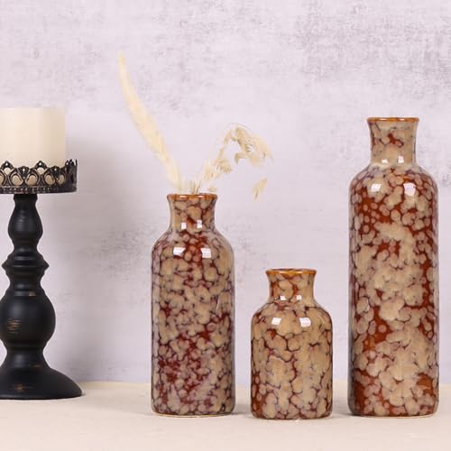 Ceramic Vase Set - 3 Crack Brown Small Vases, Farmhouse Country Flower Vase Home Decor, Living Room Decoration, Table Decoration, Fireplace Decor, and Entrance Decorations Centerpieces - color: Crack Brown