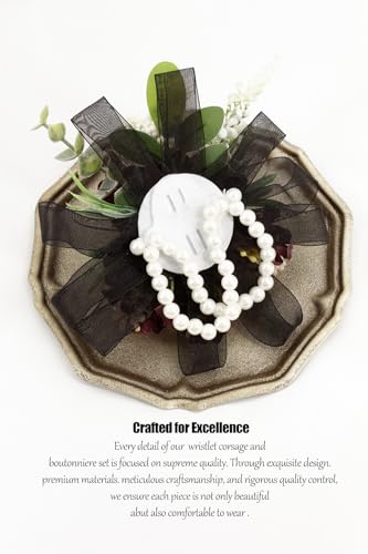 Burgundy & Black Corsage and Boutonniere Set, Corsage Wristlet for Women and Boutonniere for Wedding Prom Homecoming, Artificial Rose Flowers Boutonniere and Wrist Corsage - color: Burgundy & Black