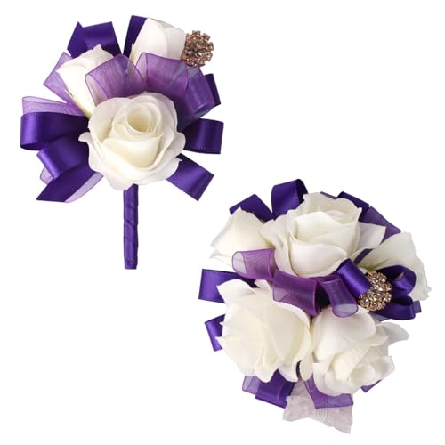 Wrist Corsage and Boutonniere Set Ivory Rose Corsage Wristlet for Homecoming Wedding Party Groom Bride Artificial Flower (Purple and Ivory) - color: Purple and Ivory