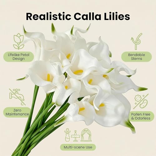 20 Stems Real Touch Calla Lily Artificial Flowers, 14.2in Tall with 2.4in PU Blooms, White Faux Calla Lilies with Bendable Plastic Stems for Wedding Bouquets, Centerpieces and Home Decor
