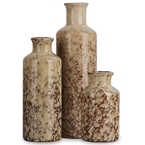 Ceramic Vase Set - 3 Crack Brown Small Vases, Farmhouse Country Flower Vase Home Decor, Living Room Decoration, Table Decoration, Fireplace Decor, and Entrance Decorations Centerpieces - color: Crack Brown