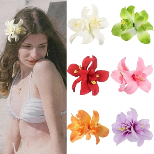 6Pcs Hawaiian Flower Hair Clips for Women,Plumeria Hair Clips Hibiscus Hair Barrettes, 3.5 Inch Boho Artificial Flower Clips, Cute Hair Accessories for Women Girls Summer Vacation Beach Party - color: Hawaiian Style Color B:Green, Lilac, Orange, Pink, Red