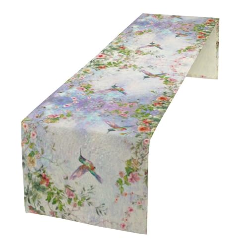 Hummingbird Floral Table Runner,Spring Vintage Flower Plant Print Table Runner for Holiday Kitchen Living Room Home Party Decor 13x36 Inch - color: Hummingbird-5, size: 13x36in