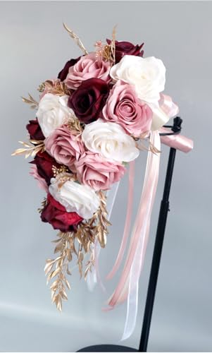 9.8 Inch Cascading Bridal Bouquet Waterfall Cascade Bridal Wedding Bouquet for Bride with Artificial Rose Flower Ribbon Rustic Burgundy and Blush Pink - color: Burgundy & Blush Pink
