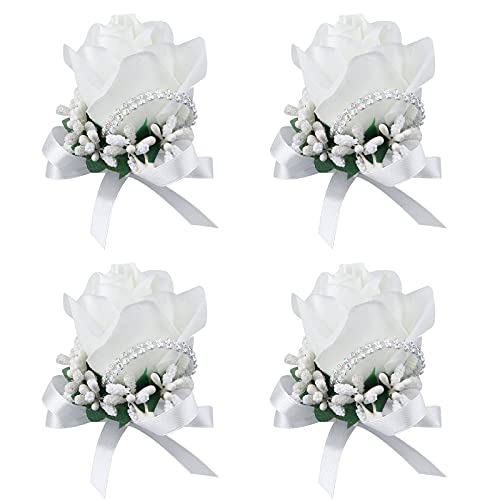 Wrist Corsage 4 Packs Wedding Bridal Wrist Flower Rose Wristband Corsage Flower for Bride Bridesmaid Perfect for Wedding, Prom, Party (4 Packs, Wrist-White) - color: Corsage-white, size: 4 Packs