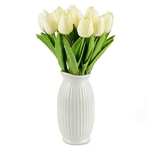 Artificial Tulips Bridal Wedding Festival Decor Bouquet Real Touch PU Flower Bouquet Pack of 20 (Off-White) - color: Off-white