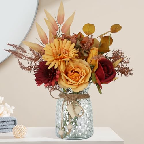Leftover Fake Fall Flowers in Vase,Fall Flower Arrangements,Floral Arrangement,Table Decor,Centerpieces for Tables,Kitchen Decor,Coffee Table Decor - color: Fall Orange