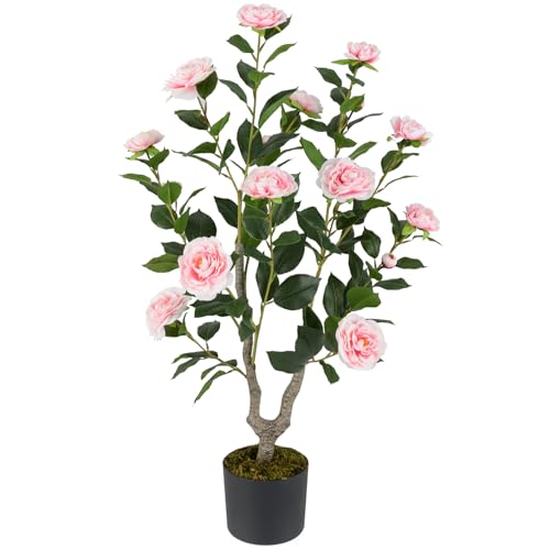 Goplus 36’’ Artificial Camellia Tree, Flower Plants Artificial Tree, Faux Floral Plant Blooming Tree in Nursery Pot, Greenery Potted Plant for Indoor Office Home Porch Decor, Pink - color: Pink, size: 36 inch
