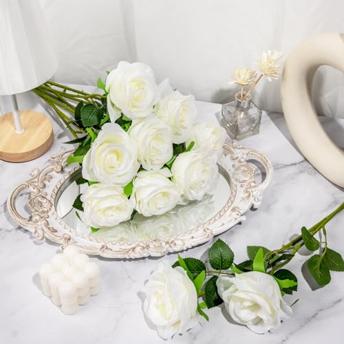 Ouddy Decor 20 Pcs White Roses Artificial Silk Flowers Fake Roses Bouquet with Long Stems for Mother's Day Decor Wedding Home Party Table Centerpieces Bridal Bouquet DIY Floral Arrangment, White - color: White, size: 20 Packs