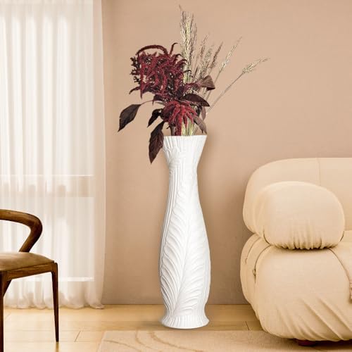 Tall White Floor Vase 30 Inches, Handmade Large Modern Ceramic Vases for Home Decor Living Room, Feather Pattern Decorative Vases Wide Mouth Opening Corner Vase for Pampas Grass - color: White Feather Pattern