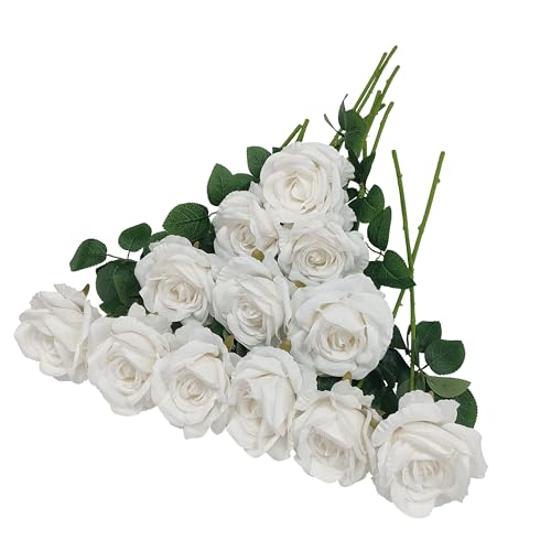 ATFL Fake White Roses Artificial Flowers Bulk,Floral Diameter 4'',20 Pcs Artificial Silk Roses Flowers with Stems for Wedding Arrangement Centerpieces Party Home Table Decorations (20, White) - color: White