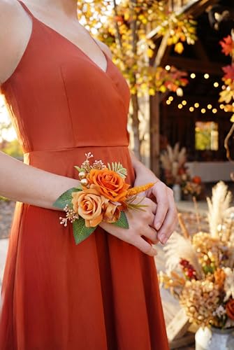 Orange Corsage and Boutonniere Set for Wedding Prom, Artificial Rose Flower Wrist Corsage Bracelets, Homecoming Corsage Wristlet, Boutonniere for Men Wedding Suit Decorations - color: Burnt Orange