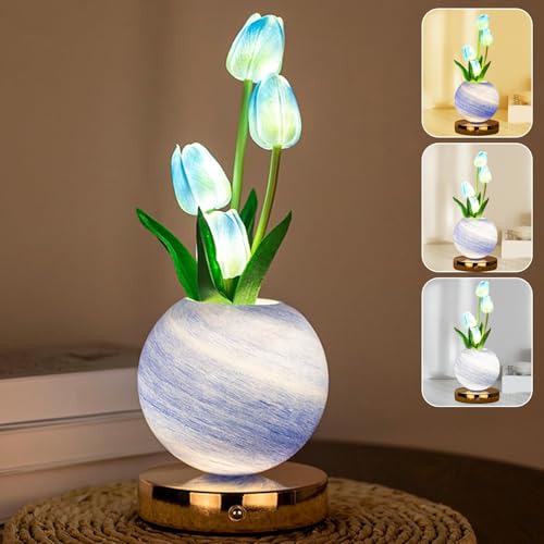 Tulip Table Lamp, Rechargeable Cordless Touch Dimming Artificial Tulip Flower Desk Lamp, LED Flower Bedside Night Light Romantic Gifts for Girl Women Mom (Blue) - color: Blue