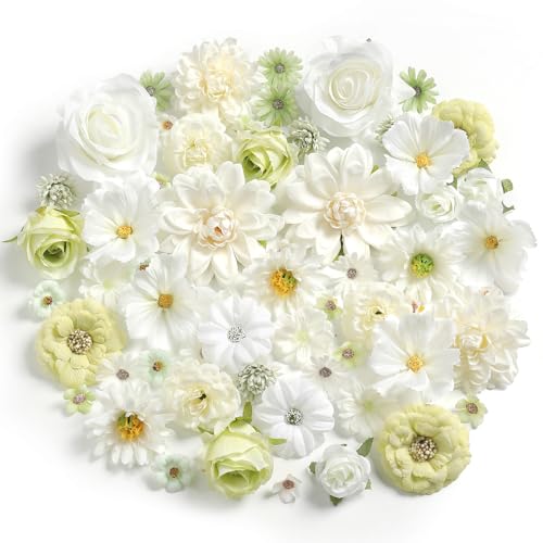 Fake Flowers Heads Bulk White Green Mini Artificial Silk Flower for Crafts, Small Artificial Daisy Roses Faux Flowers for Graduation Cap DIY Cake Wedding Party Home Garland Decoration - color: White Green