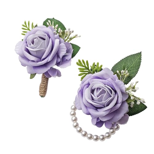 Purple Rose Corsage and Boutonniere Set Wristlet Corsage for Bride Bridesmaids, Boutonniere for Groom Groomsmen Prom Wedding Flowers Accessories,Homecoming, Anniversary, Graduation (Purple) - color: Purple