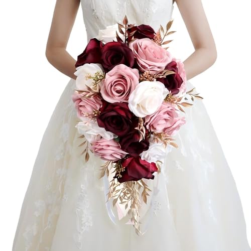 9.8 Inch Cascading Bridal Bouquet Waterfall Cascade Bridal Wedding Bouquet for Bride with Artificial Rose Flower Ribbon Rustic Burgundy and Blush Pink - color: Burgundy & Blush Pink