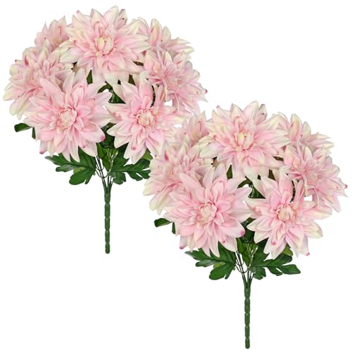Hollyone 2Pcs Pink Artificial Dahlia Flowers Bush 7 Heads Silk Fake Dahlias Flowers with Stems Wedding Bouquets Faux Dahlia Flowers Arrangements for Outdoor Indoor DIY Table Centerpieces Home Decor - color: 2pcs - Pink