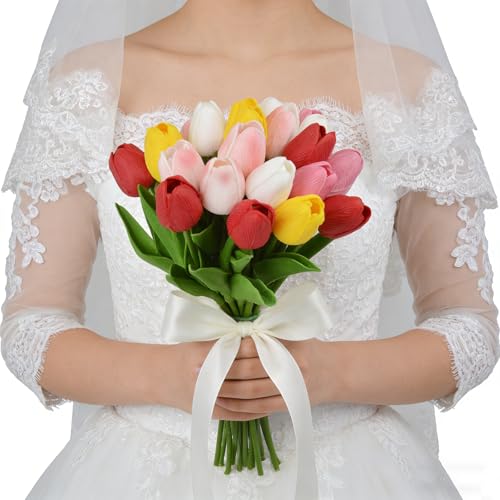 Artificial Tulips Real Touch PU Flowers Bridal Wedding Festival Decor Bouquet Pack of 20 (Mixed 1) - color: Mixed 1