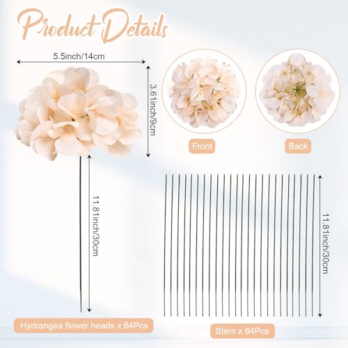Champagne Hydrangea Artificial Flowers Bulk with Stems 64 Pcs | Faux Silk Hydrangeas Flower Heads with Stems for Wedding Arch Table Centerpieces Home Garden Baby Shower Party Decoration - color: Champagne