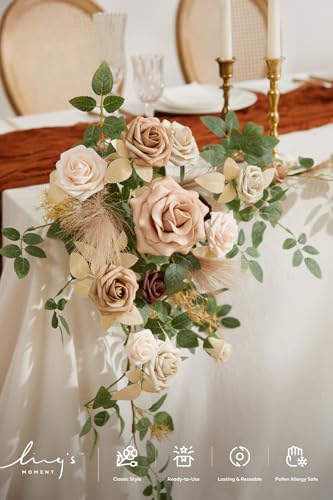 Ling's moment 2PCS Beige Artificial Flower Garland Wedding Arch Flowers Ivory Floral Swags Table Centerpieces Greenery Arrangements for Sweetheart Table Easel Wall Entryway Board Backdrop - color: Brn-beige