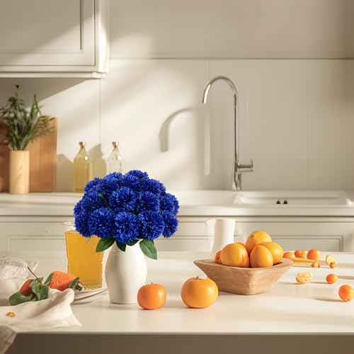 SITUMEIZI 12 Pcs Blue Artificial Chrysanthemums Flowers Ball Flower Fake Mums Silk for Wedding Home Kitchen Decoration Floral Arrangement - color: Blue, size: 12 Pieces