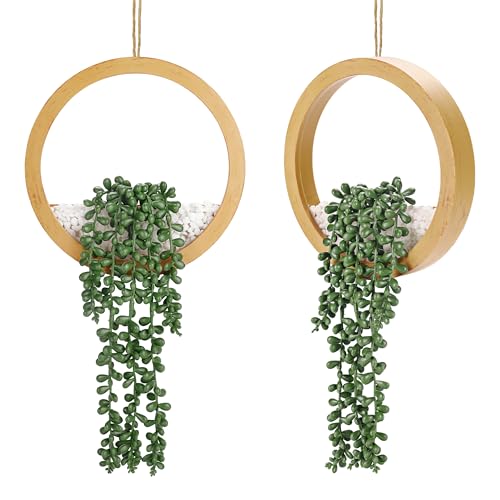 Der Rose 2 Pack Boho Wall Decor Fake Plants 15" Hanging Artificial Succulents Plants for Bohemian Living Room Bathroom Accessories - color: Wood Color