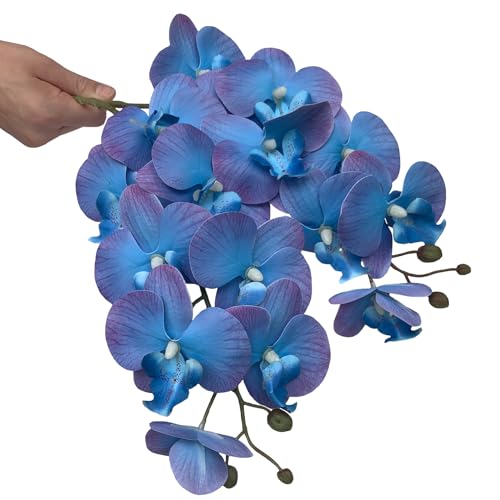 HinyoCo 5 Pcs Artificial Orchid Flowers and 4 Bundles Leaves, Artificial Phalaenopsis Flowers 32 Inch Stem Plants for Home Wedding Decoration (Blue and purple edges), US10039 - color: Blue and Purple Edges