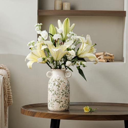 Ceramic Flower Vase | Green Rustic Farmhouse Vase with Handles for Home Decor, Vintage Floral Tuscan Vase for Living Room & Kitchen, Mantel & Bookshelf, Centerpieces, Entryway, Wedding(9.1 Inch) - color: 12-green and Beige