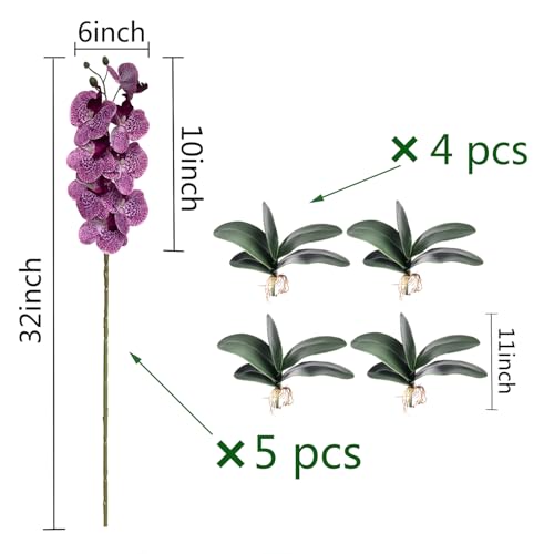HinyoCo 5 Pcs Artificial Orchid Flowers and 4 Bundles Leaves, Artificial Phalaenopsis Flowers 32 Inch Stem Plants for Home Wedding Decoration (Purple Spots) - color: Purple Spots