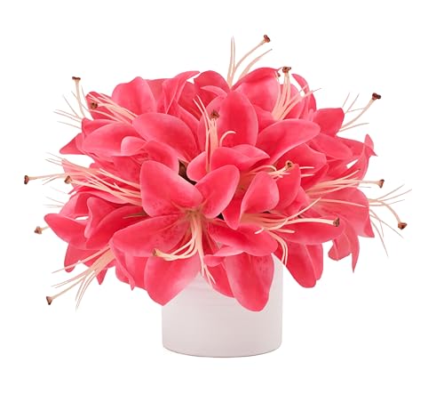 Artificial Flowers in White Vase, Fake Hot Pink Lily Flowers with White Ceramic Vase, Small Potted Faux Floral Arrangements for Home Coffee Tea Wedding Dining Table Centerpiece Lavatory Decor - color: Lily, Pink