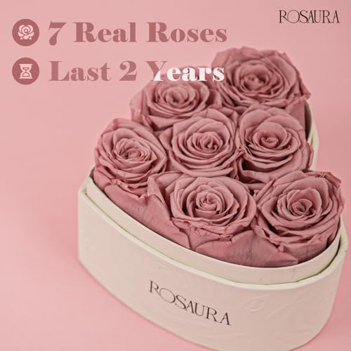 Rosaura Heart-Shaped Preserved Roses Gift Box - Real Forever Flowers for Christmas, Birthday, Valentine's & Mother's Day (Cappuccino, 7 roses) - color: Cappuccino, size: 7 roses