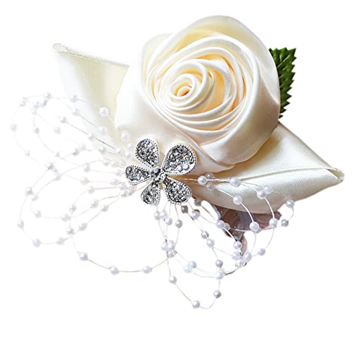 Arlai 1 pcs Beige Rose Wrist Corsage Wristlet Band Bridesmaid Bride Corsage for Prom Party Wedding Ball Event - Elegant Rhinestone Floral Bracelet for Bridesmaids, Party Wrist Accessory - color: Beige (1pc Wrist Corsage)