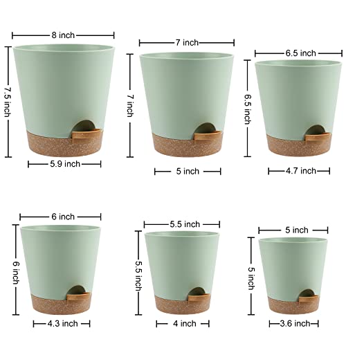 YNNICO Indoor Self Watering Planters with Drainage Holes and Saucers, 8, 7, 6.5, 6, 5.5, 5 Inches, Green, 6 Pots. - color: Green, size: 8+7+6.5+6+5.5+5 inch