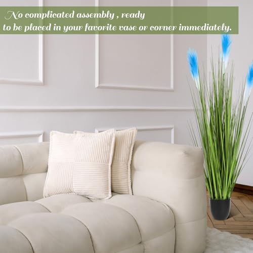 Jexine 2 Pcs 4 ft Artificial Tall Grass Plants for Outdoor Faux Tall Grasses Plant with Reed Flowers Potted Fake Greenery Plants for Housewarming Gift House Garden Lobby Outdoor Decoration (Blue) - color: Blue