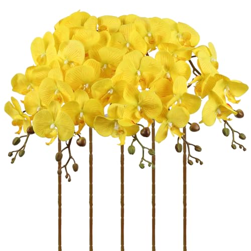 35.4" Yellow Orchids Artificial Flowers 5PCS Fake Orchid Long Stem Phalaenopsis Silk Orchids That Look Real for Tall Vase Bridal Shower Home Party Wedding Decoration (Yellow) - color: Yellow