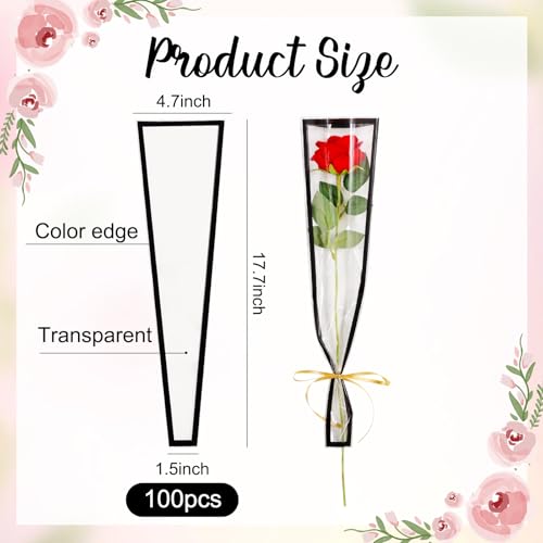 BEISHIDA 100 PCS Single Rose Sleeve Single Flower Wrapping Bags Single Rose Packaging Cellophane Flower Sleeves for Florist Bouquet Supplies, Mother's Day, Valentine's Day,Wedding Gift(Pink Edge) - color: single-black
