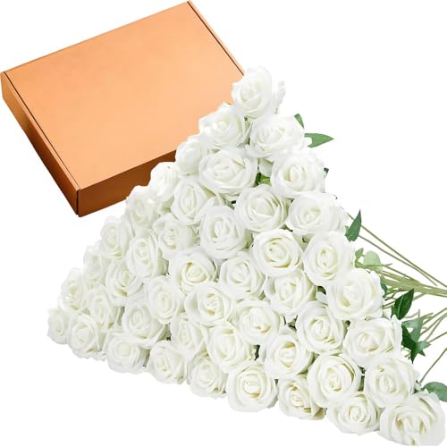 Jasion 50PCS Artificial Roses Realistic Velvet Flowers Long Stem Faux Silk Flower Bouquet for Mother's Day Wedding Home Party Table Centerpieces Decoration (White) - color: White 50pcs