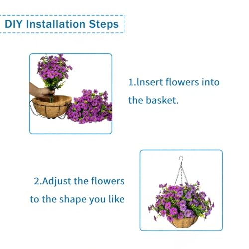 Artificial Hanging Flowers for Outdoors with Basket,UV Resistant Realistic Faux Hanging Plants Outdoor Artificial Flowers for Outdoors Basket for Yard Porch Patio Garden Home Decor,12 Bundles Mix - color: Purple+fuchsia