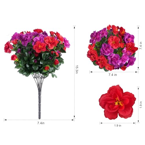 Artificial Faux Outdoor Flowers Plants for Spring Summer Decoration, Fake Silk Camellia UV Resistant Look Real for Planter Outside Front Door Porch Patio Balcony, 3 Large Bundles (Red+Fuchsia) - color: Red+fuchsia