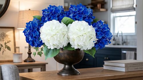 20" Hydrangea Artificial Flowers, Large Silk 2Pcs White/ 4Pcs Dark Blue Home Decor - color: White/Dark Blue