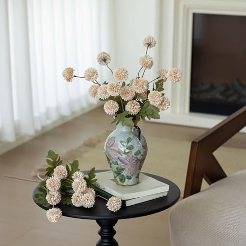 mizii 6Pcs Beige Fake Silk Pompon Mum Artificial Flowers Bulk Small Faux Chrysanthemums with Stems Realistic Floral Decorations for Wedding DIY Bouquet Centerpieces Shower Vase Home Decor (Beige) - color: Beige